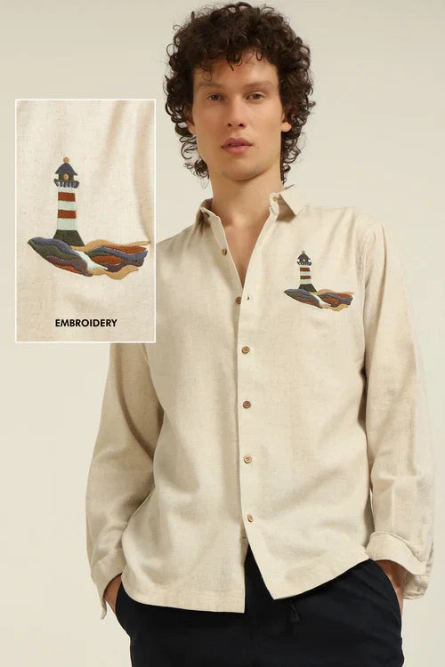 Lighthouse Cotton Regular Fit Beige Embroidered Shirt