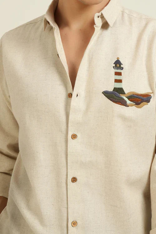 Lighthouse Cotton Regular Fit Beige Embroidered Shirt