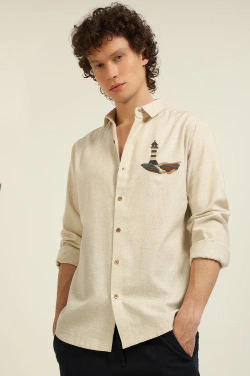 Lighthouse Cotton Regular Fit Beige Embroidered Shirt