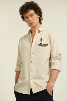 Lighthouse Cotton Regular Fit Beige Embroidered Shirt