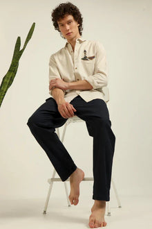 Lighthouse Cotton Regular Fit Beige Embroidered Shirt