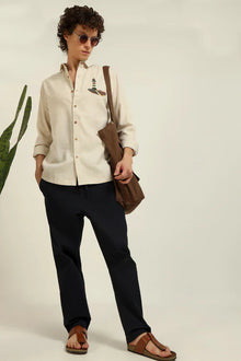 Lighthouse Cotton Regular Fit Beige Embroidered Shirt