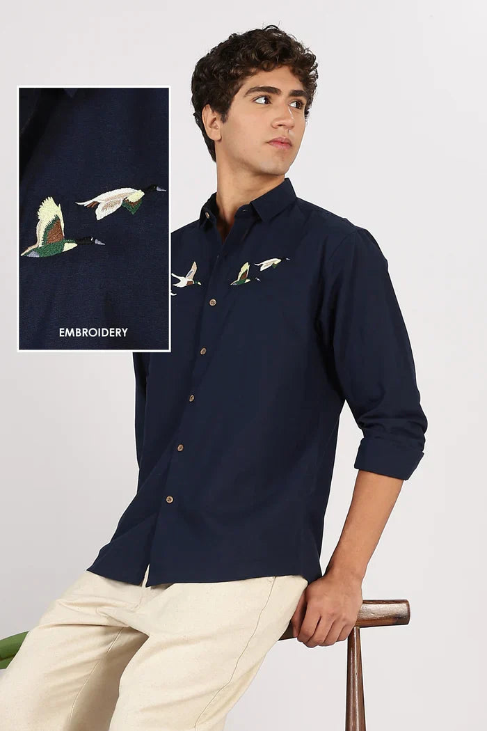 Flying Ducks Cotton Regular Fit Blue Embroidered Shirt