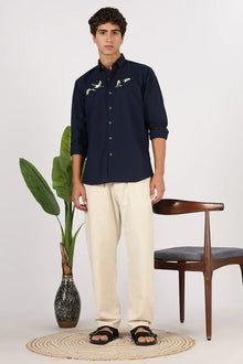 Flying Ducks Cotton Regular Fit Blue Embroidered Shirt