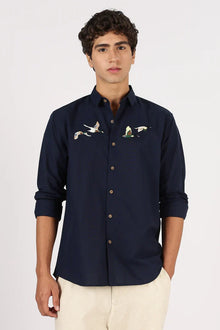 Flying Ducks Cotton Regular Fit Blue Embroidered Shirt