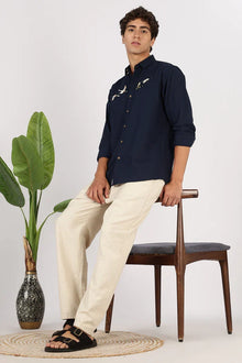 Flying Ducks Cotton Regular Fit Blue Embroidered Shirt