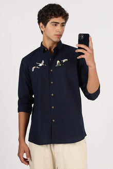 Flying Ducks Cotton Regular Fit Blue Embroidered Shirt