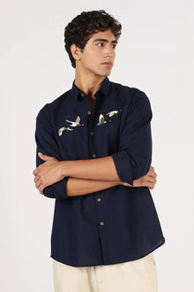 Flying Ducks Cotton Regular Fit Blue Embroidered Shirt