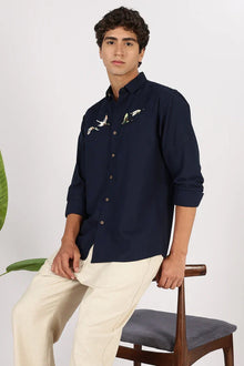 Flying Ducks Cotton Regular Fit Blue Embroidered Shirt