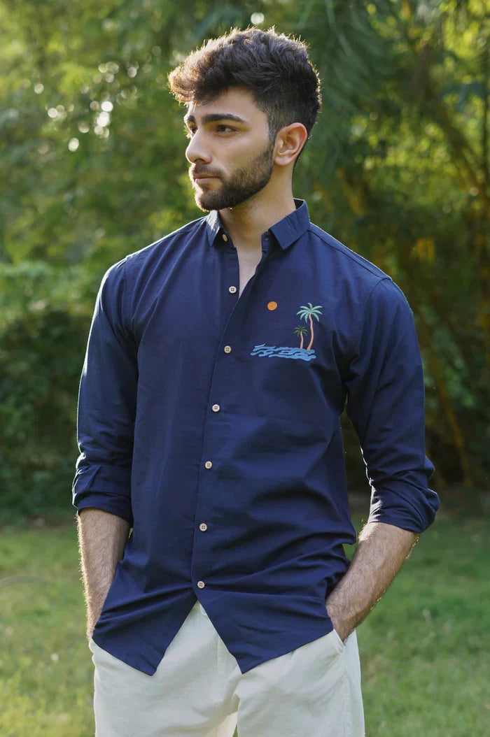 "Tides & Palms" Cotton Regular Fit Navy Embroidered Navy Shirt