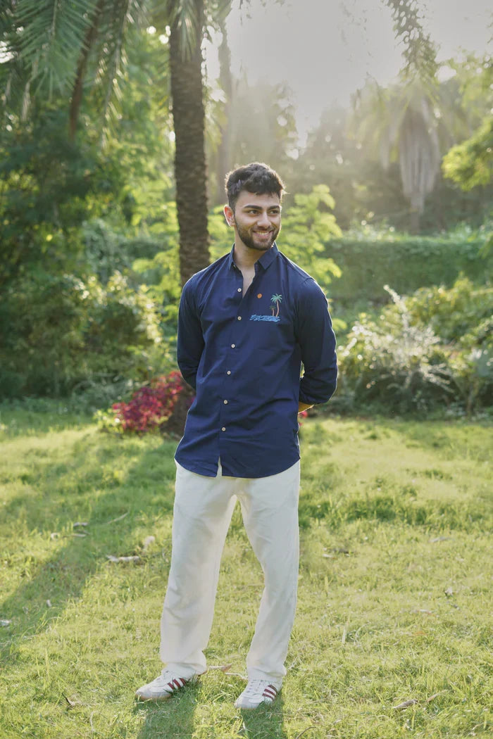 "Tides & Palms" Cotton Regular Fit Navy Embroidered Navy Shirt
