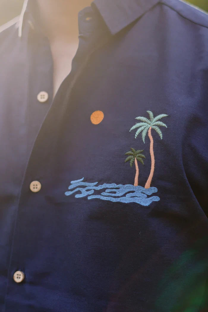 "Tides & Palms" Cotton Regular Fit Navy Embroidered Navy Shirt