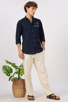 "Tides & Palms" Cotton Regular Fit Navy Embroidered Navy Shirt