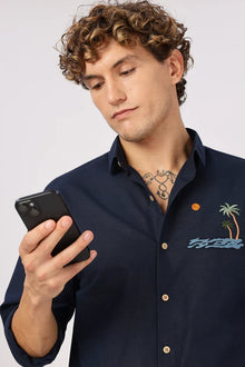 "Tides & Palms" Cotton Regular Fit Navy Embroidered Navy Shirt
