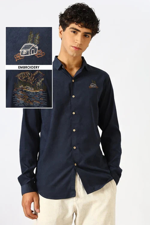 Wilderness House Regular Fit Navy Embroidered Shirt