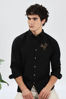 Arctic Reindeer Cotton Regular Fit Black Embroidery Shirt