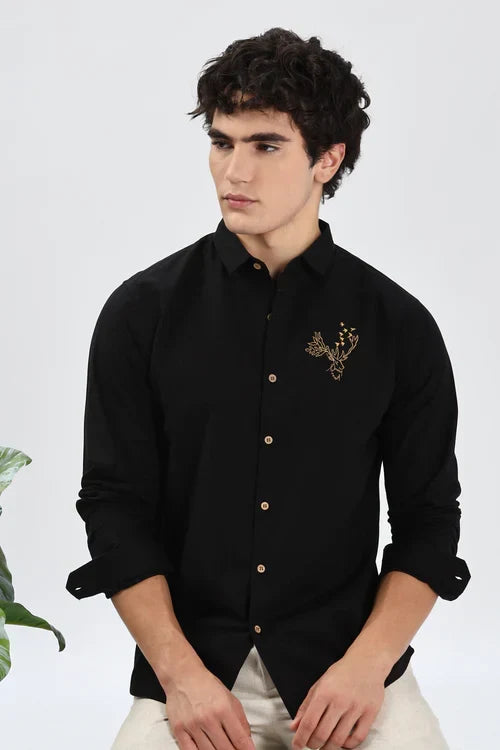 Arctic Reindeer Cotton Regular Fit Black Embroidery Shirt
