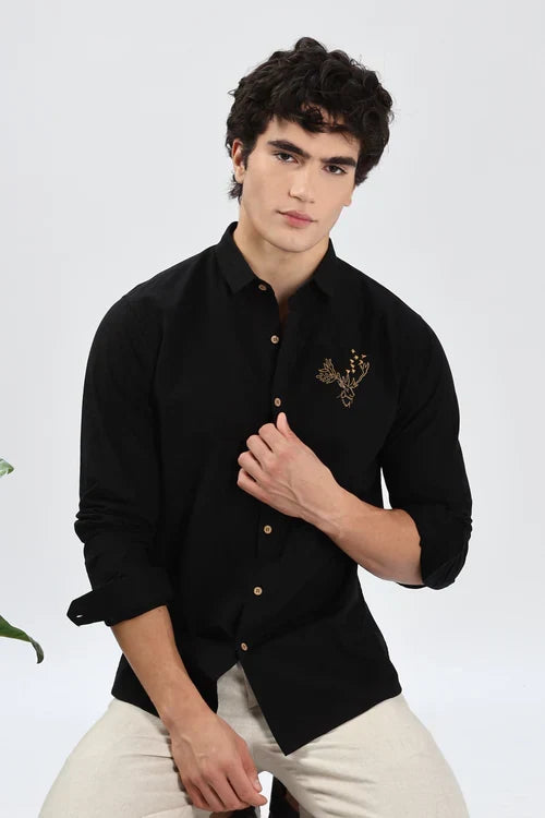 Arctic Reindeer Cotton Regular Fit Black Embroidery Shirt
