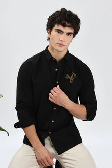 Arctic Reindeer Cotton Regular Fit Black Embroidery Shirt