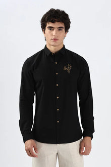 Arctic Reindeer Cotton Regular Fit Black Embroidery Shirt