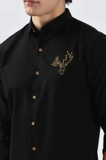 Arctic Reindeer Cotton Regular Fit Black Embroidery Shirt
