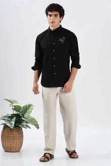 Arctic Reindeer Cotton Regular Fit Black Embroidery Shirt