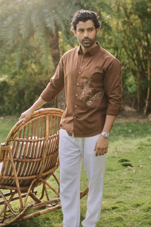 Humming bird Haven Cotton Regular Fit Brown Embroidery Shirt
