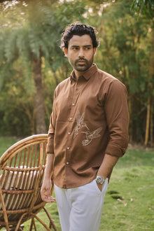 Humming bird Haven Cotton Regular Fit Brown Embroidery Shirt