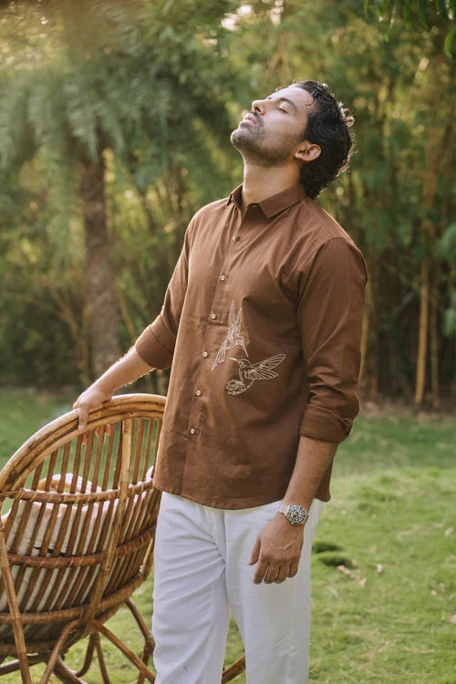 Humming bird Haven Cotton Regular Fit Brown Embroidery Shirt
