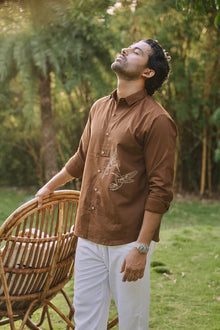 Humming bird Haven Cotton Regular Fit Brown Embroidery Shirt