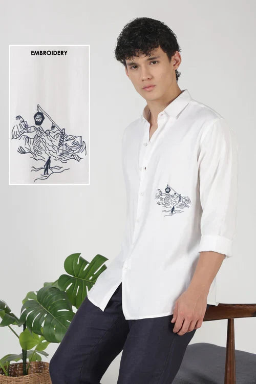 Mountain Line Art 100% Cotton Regular Fit White Embroidered Shirt