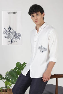 Mountain Line Art 100% Cotton Regular Fit White Embroidered Shirt