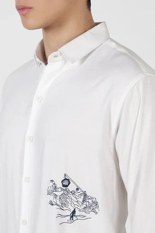 Mountain Line Art 100% Cotton Regular Fit White Embroidered Shirt