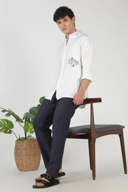 Mountain Line Art 100% Cotton Regular Fit White Embroidered Shirt