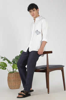 Mountain Line Art 100% Cotton Regular Fit White Embroidered Shirt