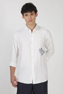 Mountain Line Art 100% Cotton Regular Fit White Embroidered Shirt