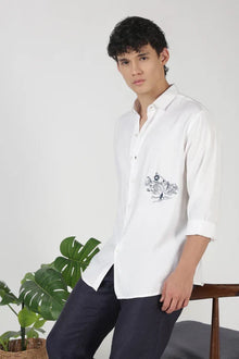Mountain Line Art 100% Cotton Regular Fit White Embroidered Shirt