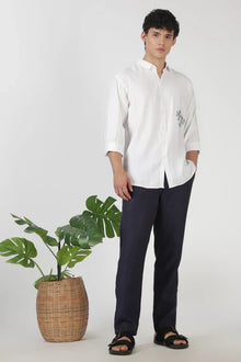Mountain Line Art 100% Cotton Regular Fit White Embroidered Shirt