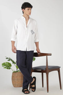 Mountain Line Art 100% Cotton Regular Fit White Embroidered Shirt