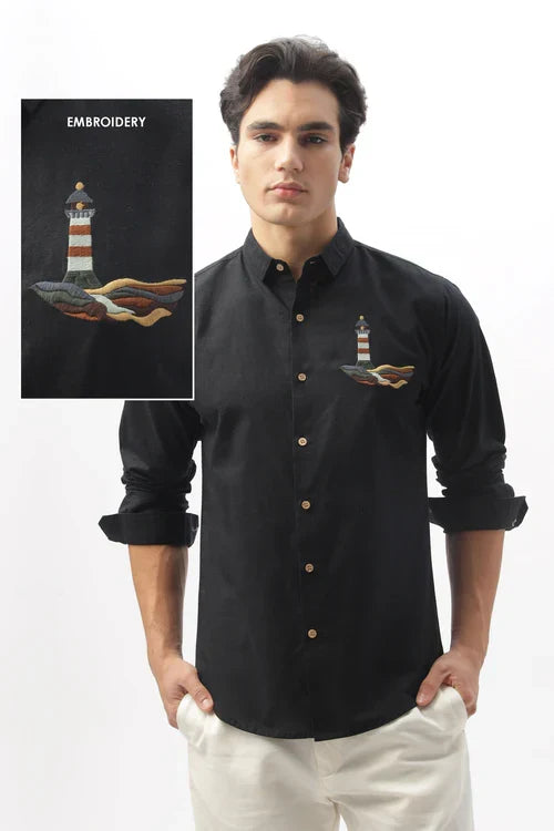 Lighthouse Cotton Regular Fit Black Embroidered Shirt