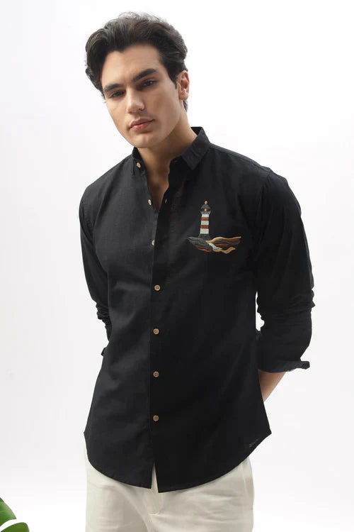 Lighthouse Cotton Regular Fit Black Embroidered Shirt