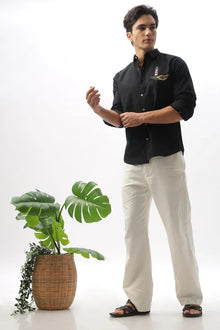 Lighthouse Cotton Regular Fit Black Embroidered Shirt