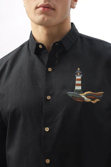 Lighthouse Cotton Regular Fit Black Embroidered Shirt