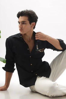 Lighthouse Cotton Regular Fit Black Embroidered Shirt