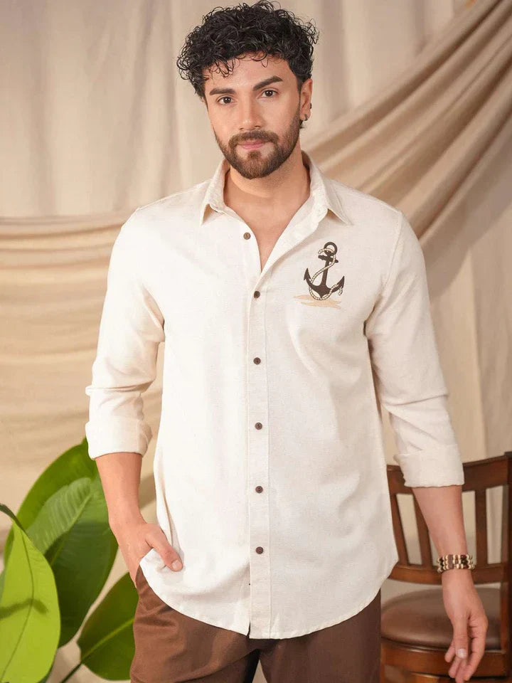 Beige Natural Grains Anchor Embroidery Linen Cotton Shirt