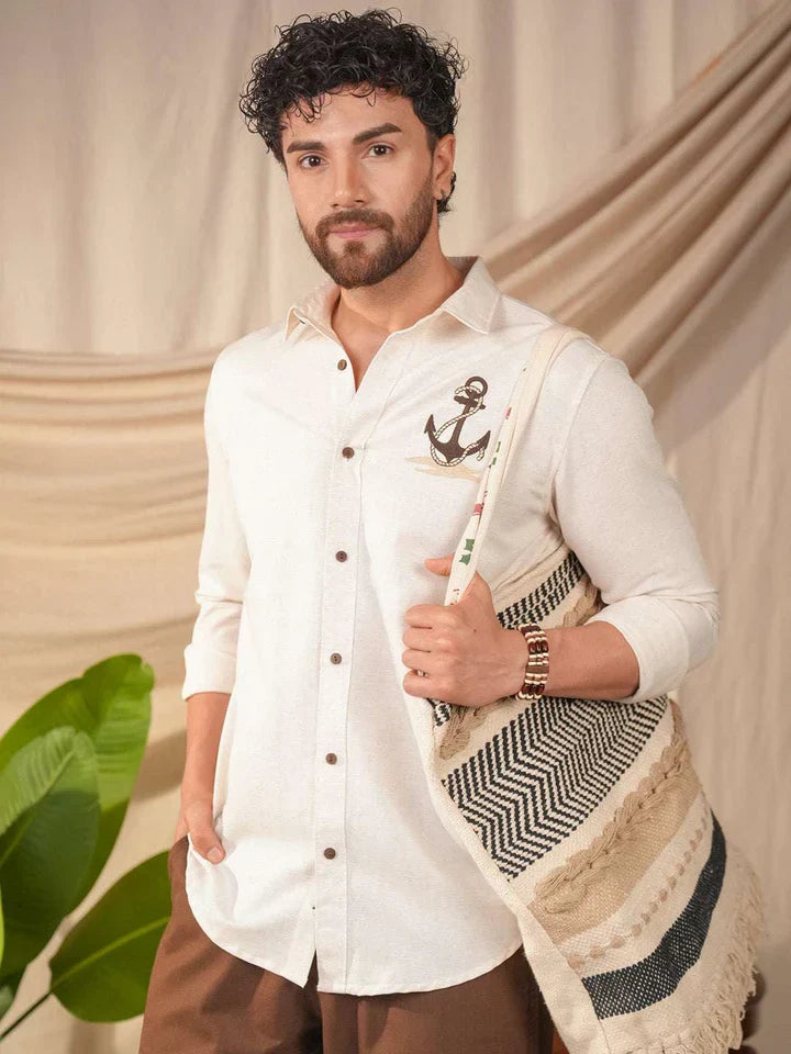 Beige Natural Grains Anchor Embroidery Linen Cotton Shirt