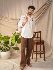 Beige Natural Grains Anchor Embroidery Linen Cotton Shirt