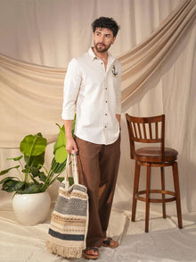 Beige Natural Grains Anchor Embroidery Linen Cotton Shirt