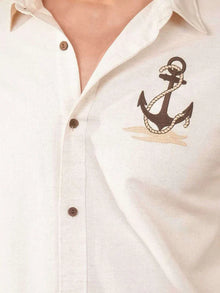 Beige Natural Grains Anchor Embroidery Linen Cotton Shirt