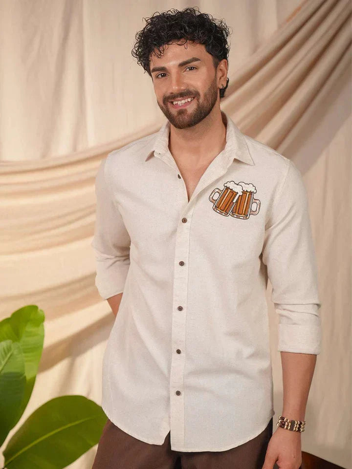 Beige Natural Grains Solid Linen Cotton Slim Fit Shirt